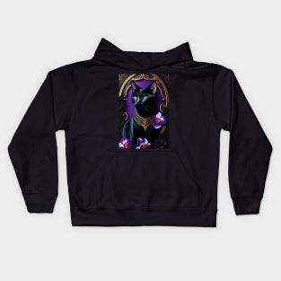 Gothic Black Cat with Purple Orchids Kids Hoodie